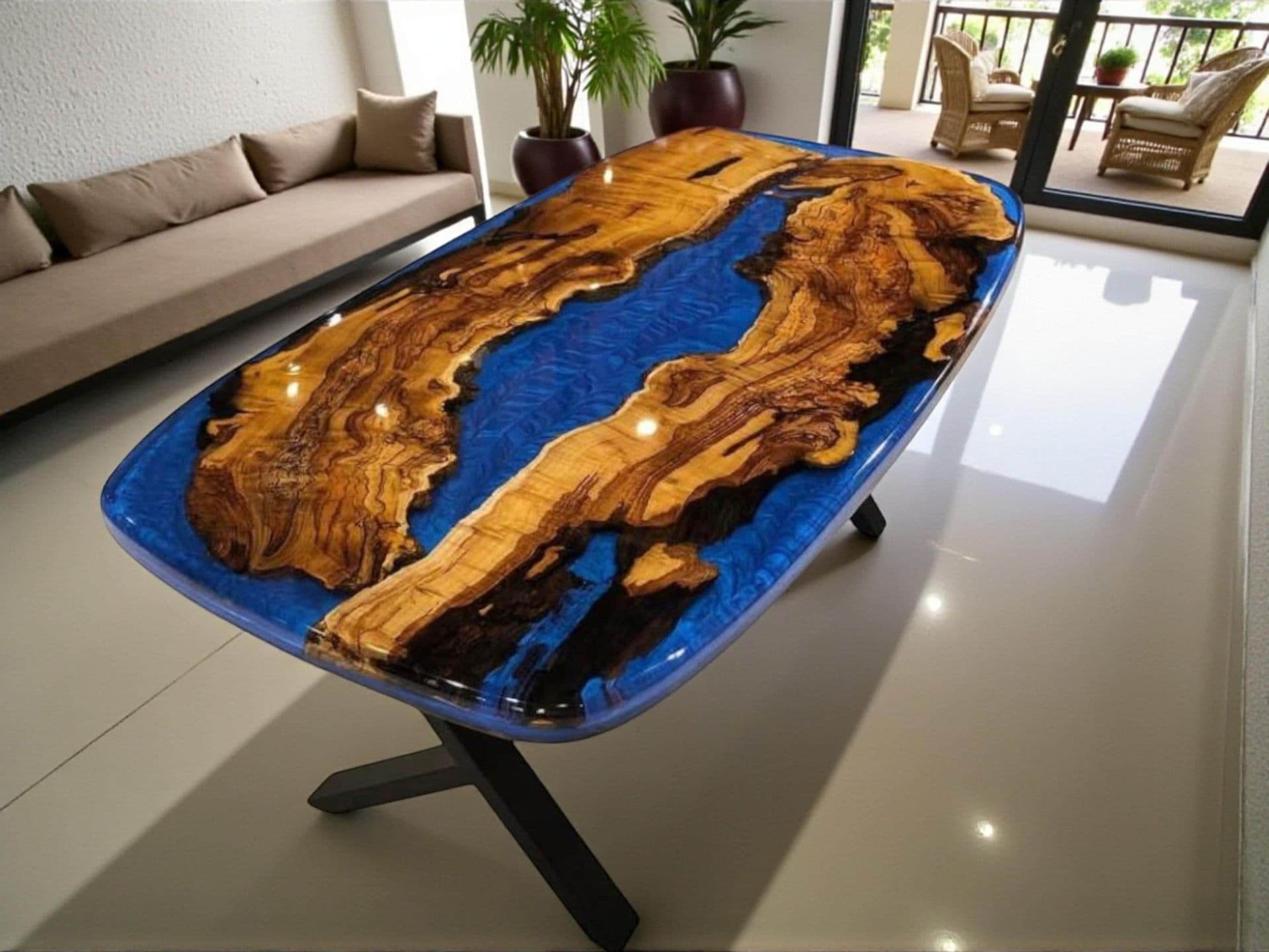 Blue Resin River Walnut Dining Table — handmade in our workshop