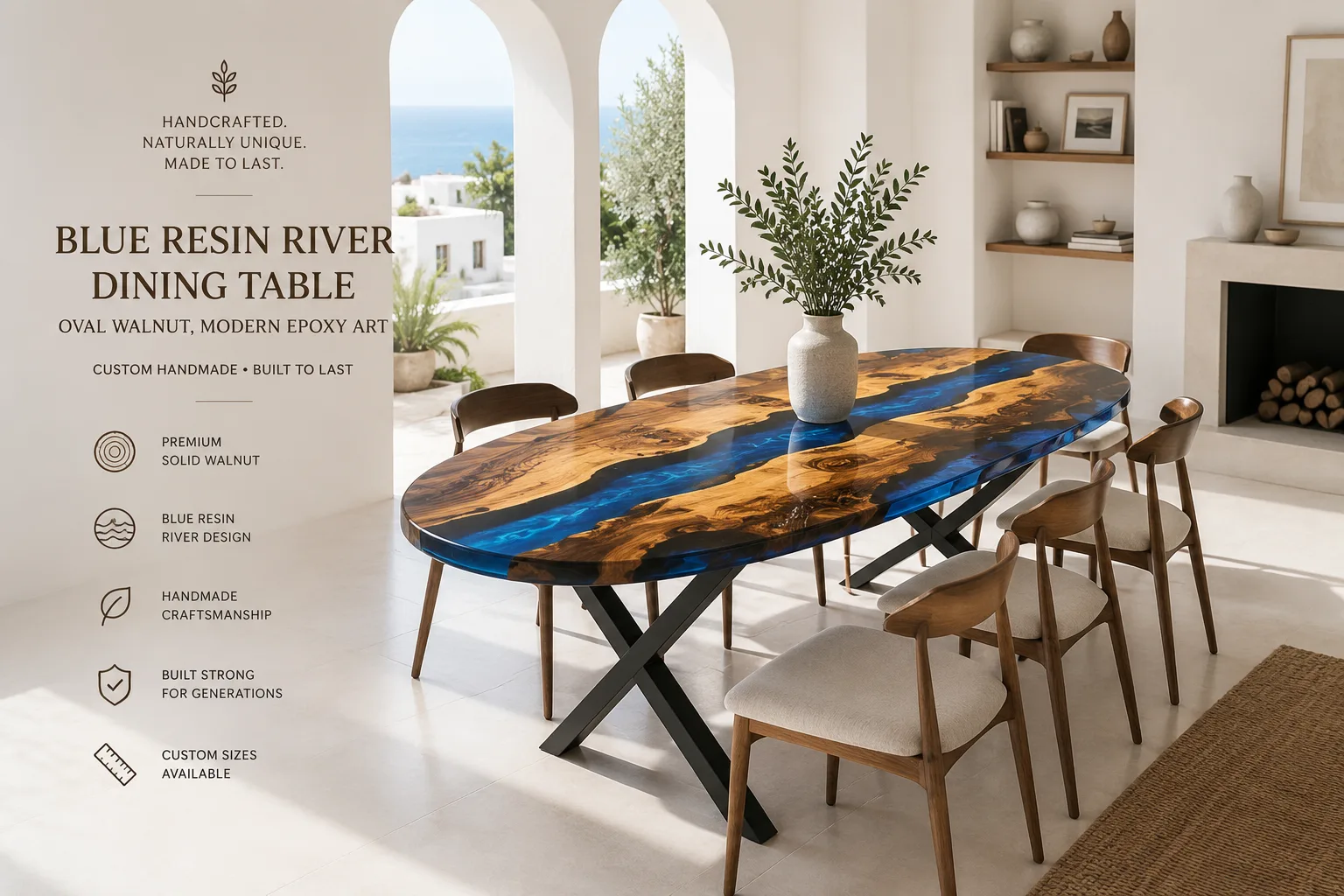 Blue Resin River Walnut Dining Table — Lavinia Craft, handcrafted solid walnut