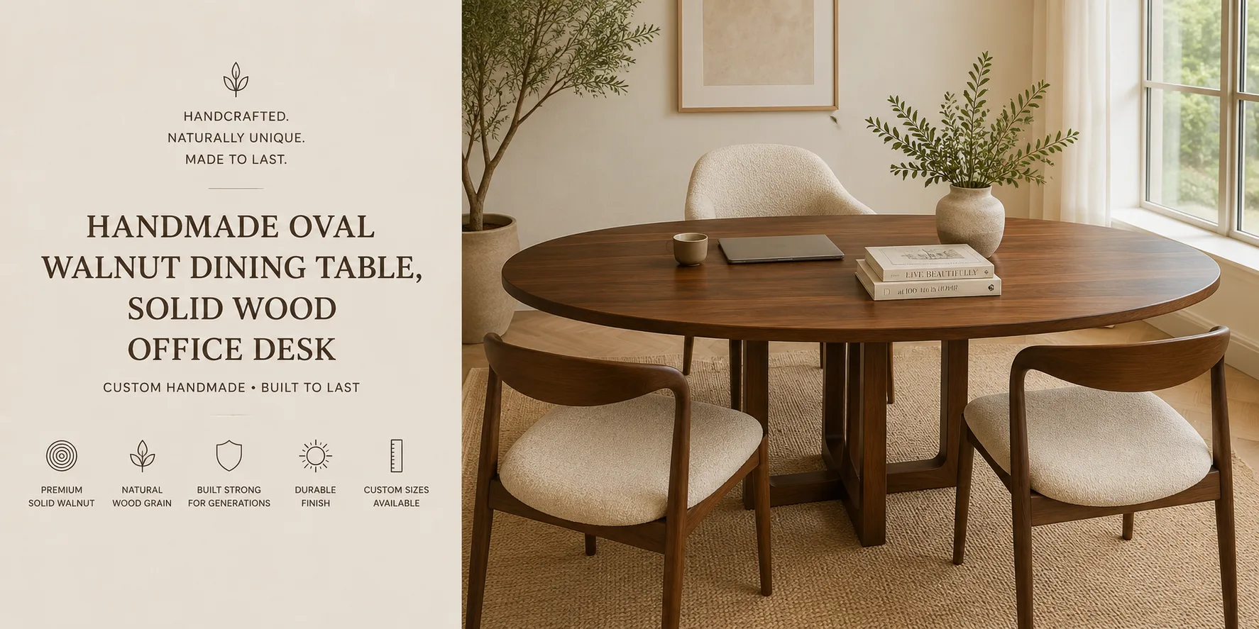 Handmade Oval Walnut Dining Table, Solid Wood Office Desk — Lavinia Craft, handcrafted solid walnut
