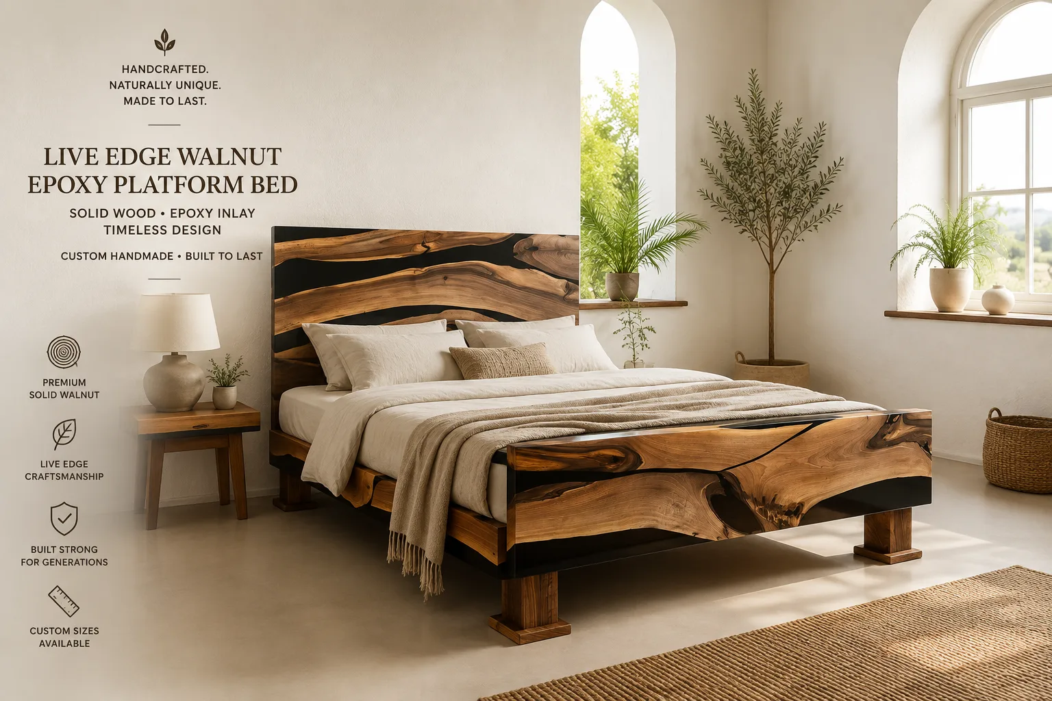 Live Edge Walnut Bed Frame with Epoxy — Lavinia Craft, handcrafted solid walnut