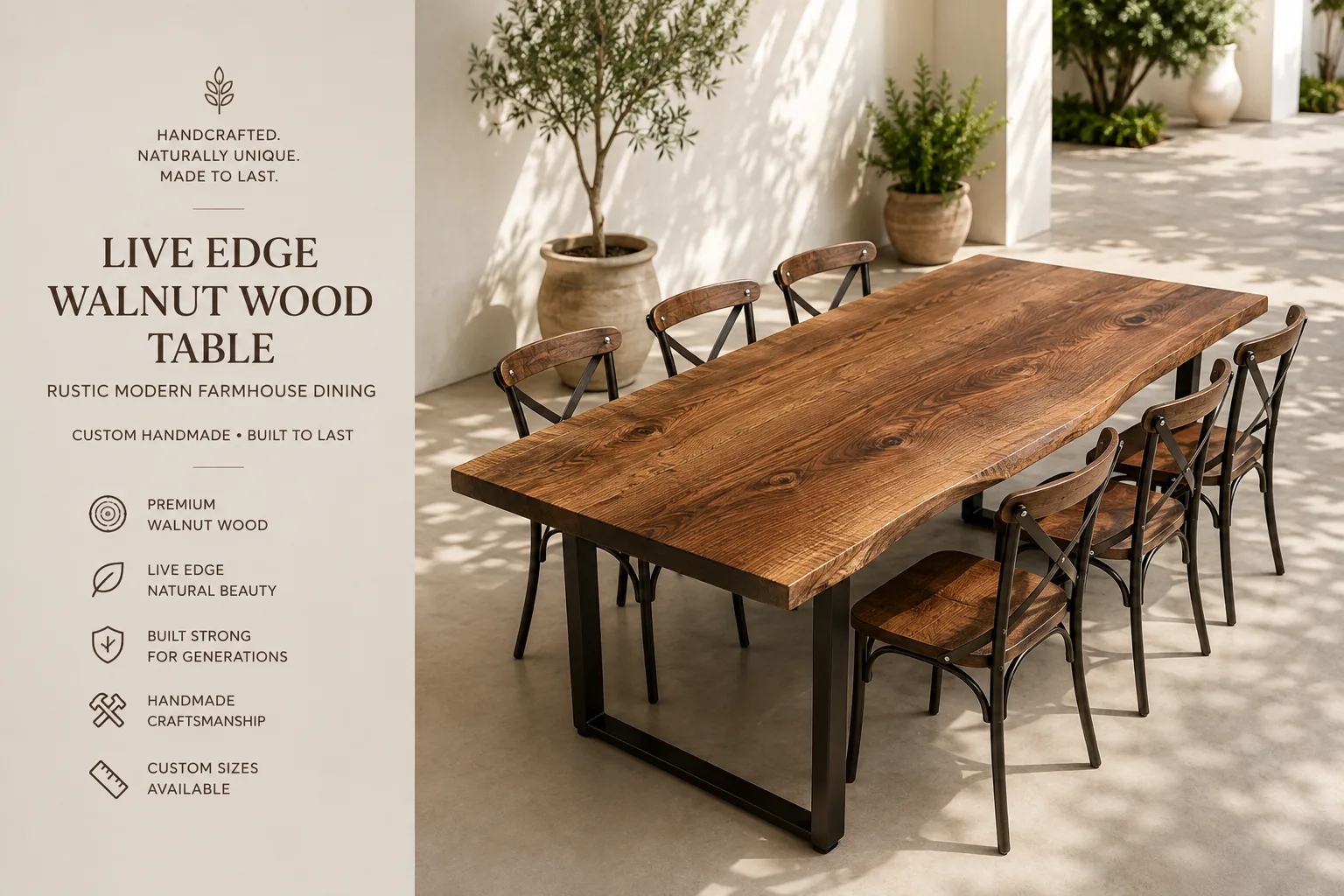 Live Edge Walnut Rustic Farmhouse Table — Lavinia Craft, handcrafted solid walnut