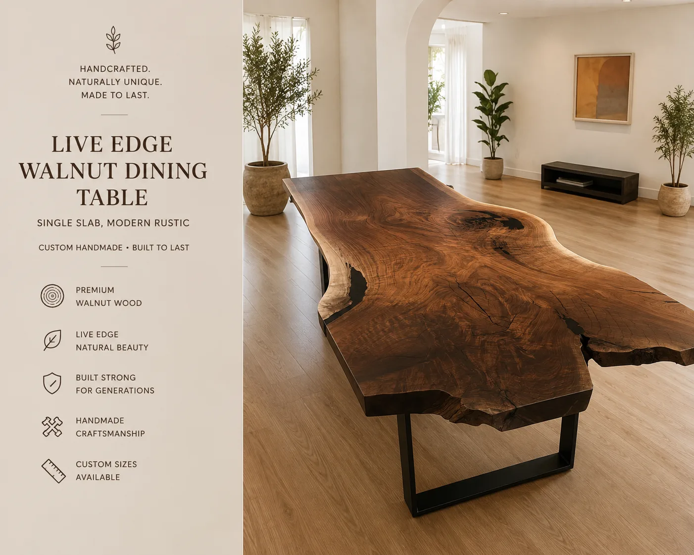 Live Edge Walnut Single Slab Table, Rustic — Lavinia Craft, handcrafted solid walnut