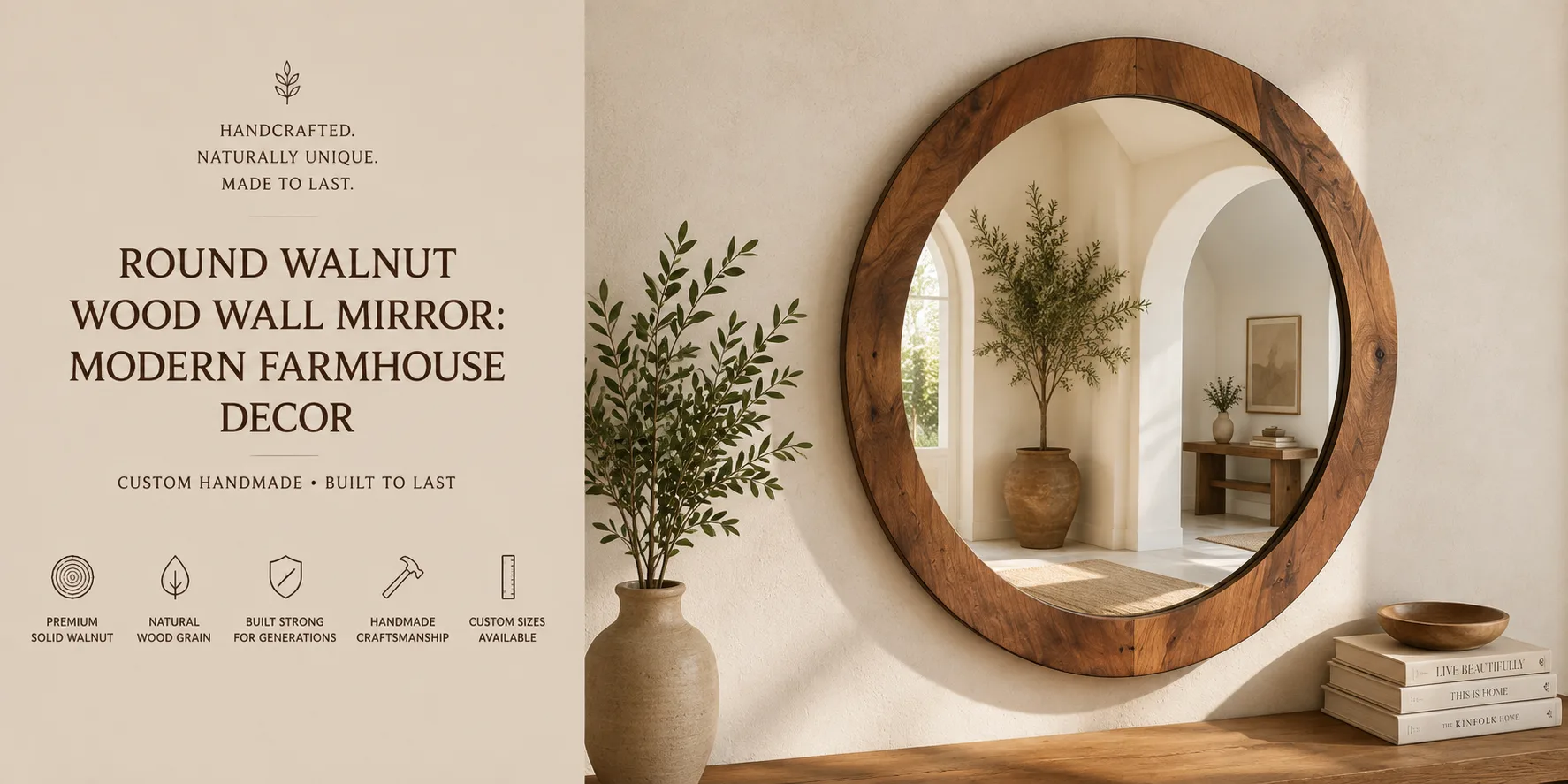 Round Walnut Wall Mirror — Lavinia Craft, handcrafted solid walnut