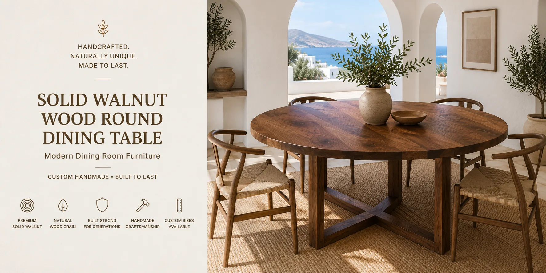 Solid Walnut Round Dining Table, Modern — Lavinia Craft, handcrafted solid walnut