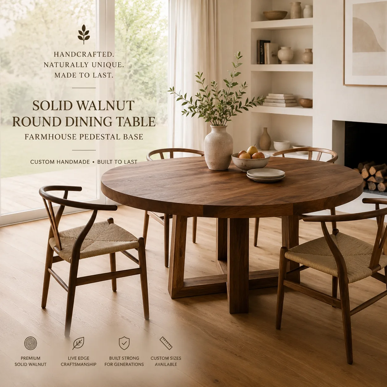 Solid Walnut Round Dining Table, Pedestal Base — Lavinia Craft, handcrafted solid walnut